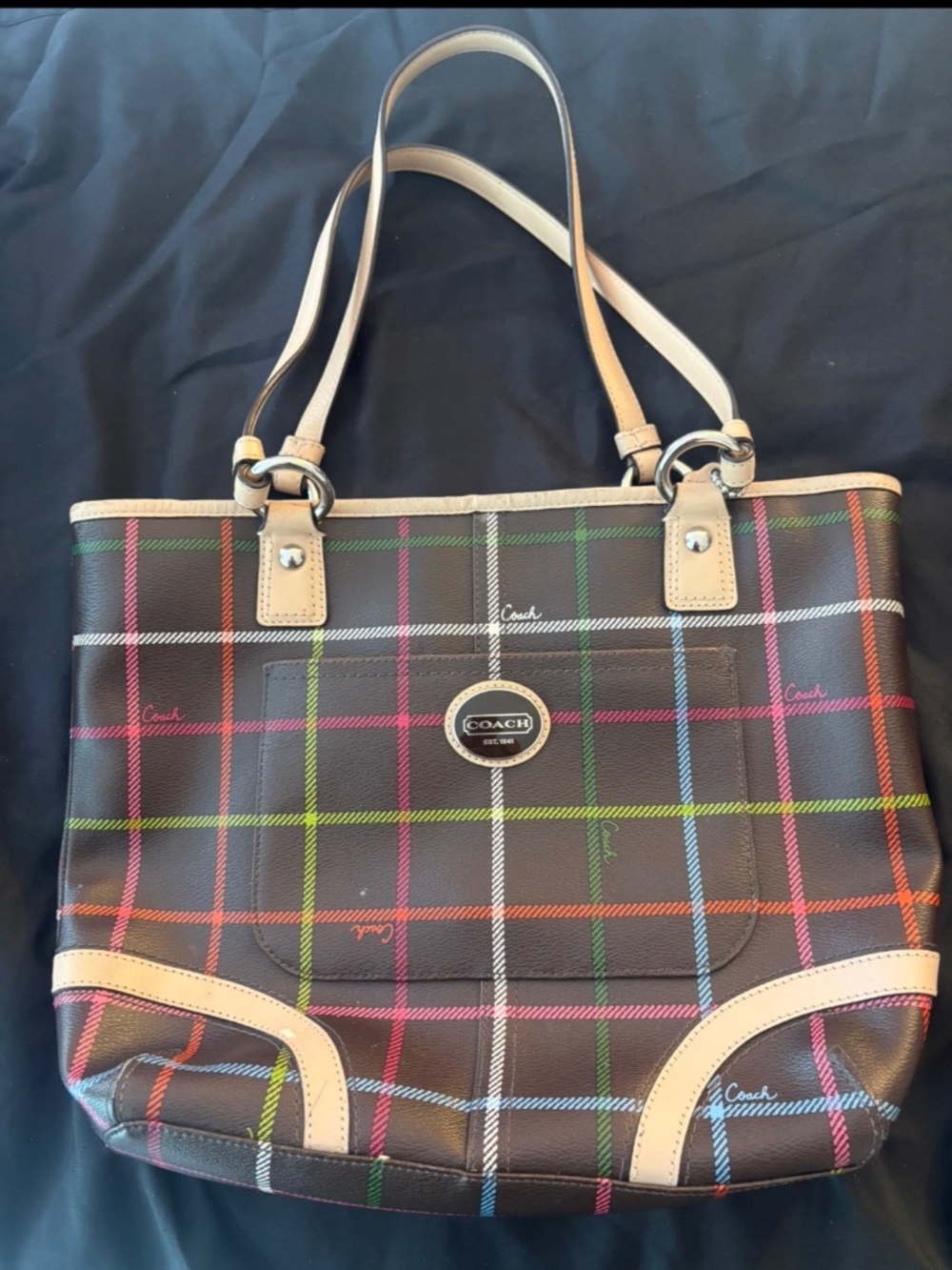 Coach Multicolor Plaid Tote Bag | Vintage Y2K | Brown Leather Trim